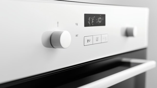 Close-up view of a modern oven control panel in a minimalist kitchen setting with digital display and knobs