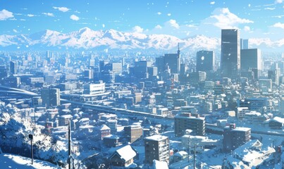 Obraz premium Whimsical Winter Cityscape: Aerial View of Snow-Covered Anime Metropolis. Enchanting Snowflakes Blanket Urban Landscape in Silver, Creating Magical Scenery for Creative Marketing, Game Design, and Hol
