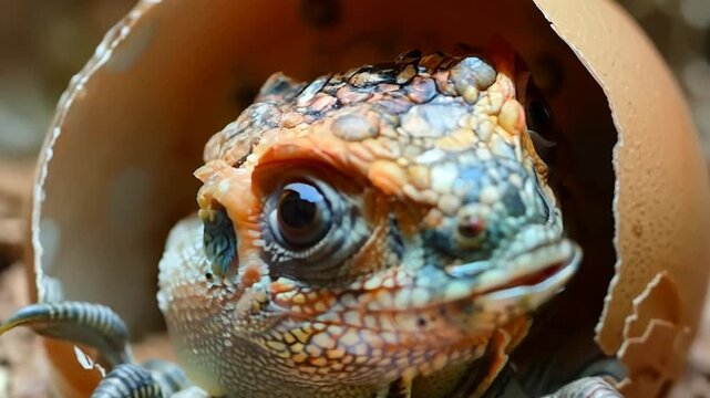 Baby lizard hatching from an egg in a natural habitat