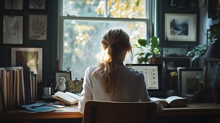 A woman reading a book at her desk in a stylish home office, with artistic wall decor and a large window providing ample daylight, creating a serene atmosphere