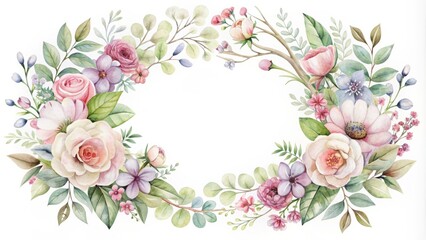 Delicate watercolor floral pattern surrounds a crisp white oval frame, adorned with intricate vines and blooming flowers in soft pastel hues on a white background.