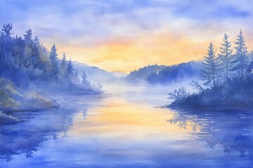 Serene watercolor landscape of a misty lake surrounded by pine trees at sunrise, evoking calm and tranquility in nature's beauty