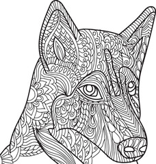 fox dog adult coloring page zentangle line art
