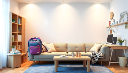 Interior of children's room with backpack on sofa and table isolated with white highlights, png