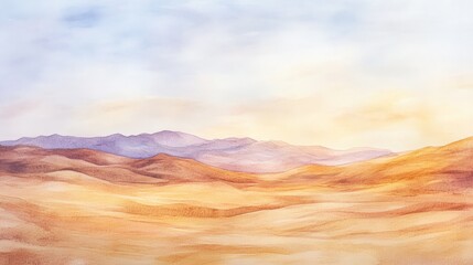 Naklejka premium Serene watercolor landscape of rolling desert hills with a pastel sky, capturing the beauty of nature's vast open spaces.