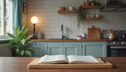 Fototapeta premium Open Recipe Book on Wooden Counter in Cozy Kitchen, Warm Home Atmosphere