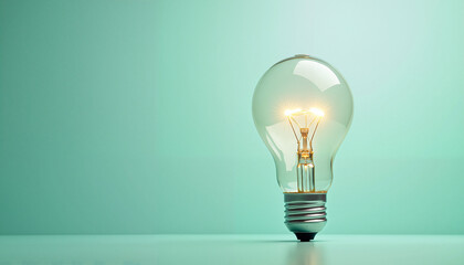 Illuminated Light Bulb on Green Background with Copy Space