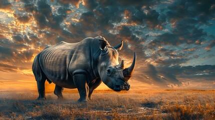 Obraz premium Majestic Rhinoceros Standing Resolute in the Vibrant Savanna Landscape