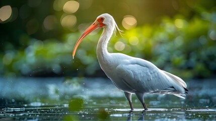 Fototapeta premium Graceful Ibis Wading in Vibrant Wetland Setting Wildlife Portrait Concept with Copy Space