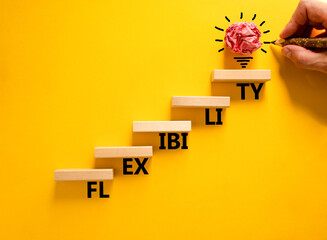 Flexibility symbol. Concept word Flexibility on beautiful wooden blocks. Beautiful yellow...