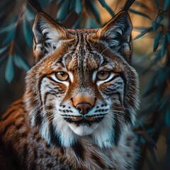Fototapeta premium Piercing Gaze of a Majestic Lynx Amid Vibrant Forest Backdrop