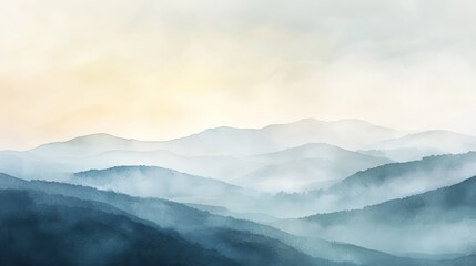 Obraz premium Serene watercolor painting of misty mountains at dawn, capturing the tranquility and beauty of nature with soft, pastel colors.