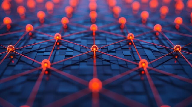 Abstract network design with glowing nodes and connecting lines, representing digital connectivity and technology innovation.