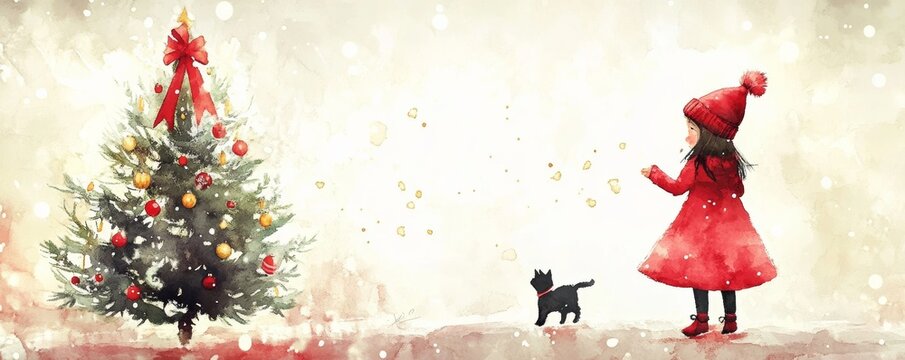 Festive winter scene with a girl in a red coat and hat, a black cat, and a beautifully decorated Christmas tree amidst snowfall.