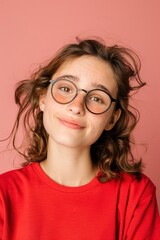 Fototapeta premium Portrait Of A Young Woman Showing Emotions, Wearing Glasses, Against A Pink Background