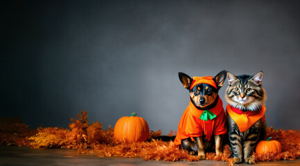 Cat and Dog in Halloween Costumes on Grey Background with Pumpkins, Space for Text, Holiday Card