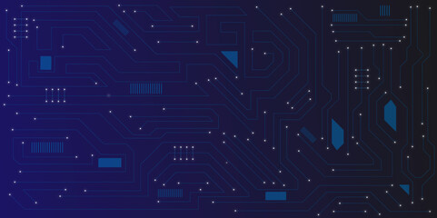  Technology lines circuit and dots on blue background, circuit board network connection.