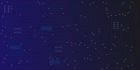  Technology lines circuit and dots on blue background, circuit board network connection.