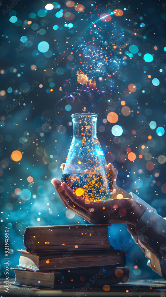 Poster exciting photo realistic student with books and science experiment on dreamy background for hands on