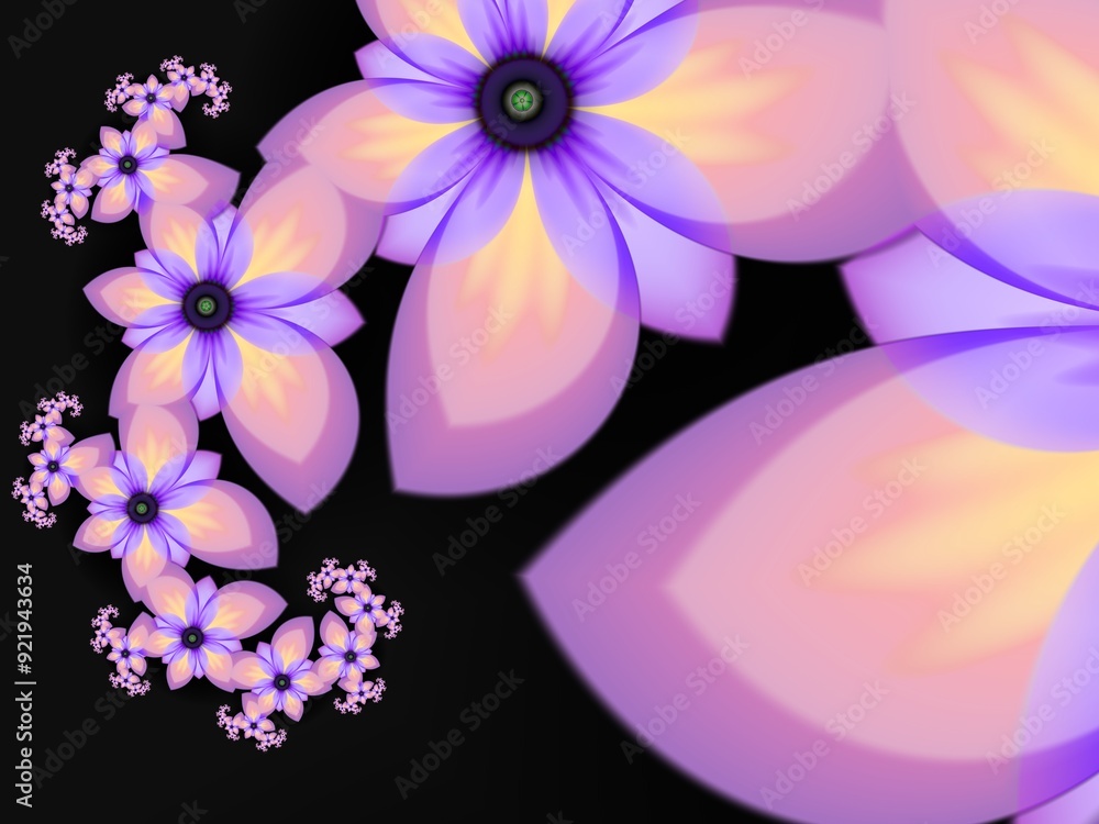 Poster fractal image as a beautiful template for inserting text in purple color. background with flower. gr