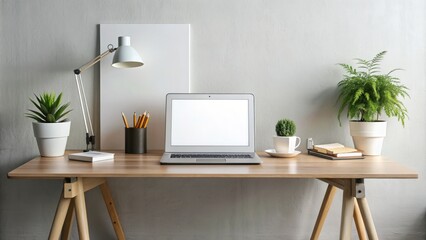 Empty white table with a blank poster stand and a laptop, surrounded by office supplies, ideal for showcasing marketing materials or product promotions.