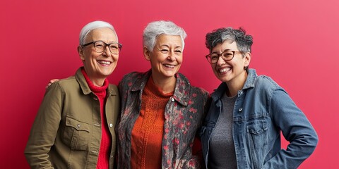 Ageless Beauty and Friendship: Four diverse senior women radiate joy and companionship in a heartwarming portrait, their smiles reflecting a lifetime of shared experiences.