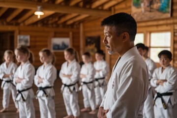 A karate instructor stands at the front of a wooden dojo, guiding a class of students who are lined up and attentive, wearing traditional white gis and black belts.