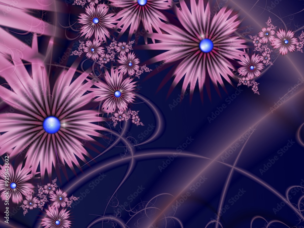Poster fractal image as a beautiful template for inserting text in purple color. background with flower. gr