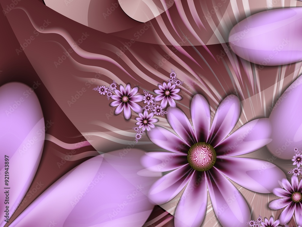 Poster fractal image as a beautiful template for inserting text in purple color. background with flower. gr