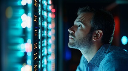 An IT specialist standing beside a server rack analyzing system data on a monitor with a thoughtful look