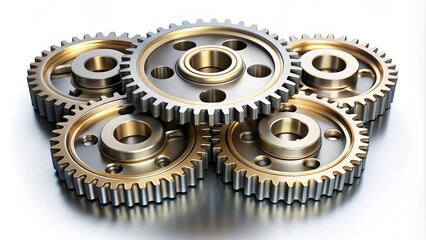 Five interconnected metallic gears in a circular formation, with cogs meshing together in perfect harmony, symbolizing precision, efficiency, and mechanical innovation.