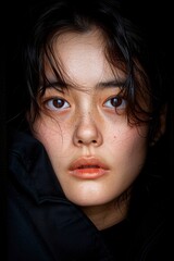 Fototapeta premium Portrait Of A Young Asian Woman Looking At The Camera, Feeling Fearful