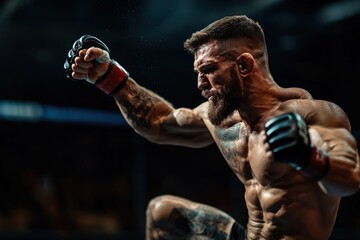 Fototapeta premium An fighter with detailed tattoos launching an aggressive punch inside the ring, muscles flexed, intensity high, capturing the raw energy and dedication of the sport.