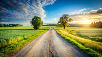 Country road splitting in two directions with a fork in the road