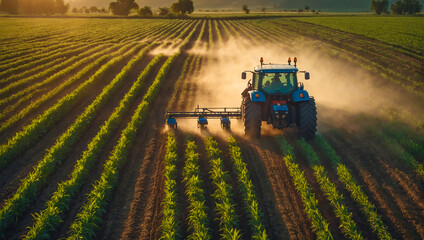 Fototapeta premium aerial view of irrigation tractor driving spraying, AI generated