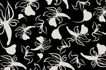 Fototapeta premium Black and white flower pattern design for fabric and clothes textile. soft white abstract flowers contrast sharply against a black background