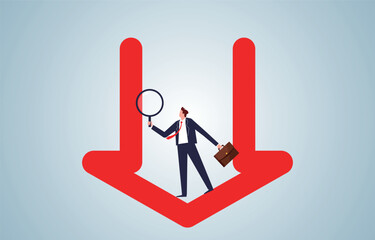  Business or investment forecasts, recession, businessman with magnifying glass standing at bottom of falling arrow to view