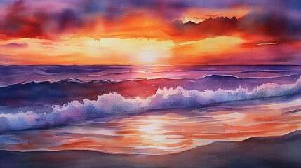 Fototapeta premium Stunning watercolor painting of a vivid sunset over a serene beach with colorful waves crashing onto the shore.