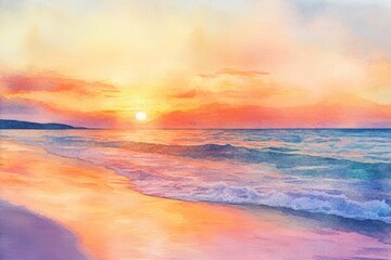 Fototapeta premium Stunning watercolor sunset over a tranquil beach with gentle waves and colorful skies, creating a serene and beautiful coastal scene.