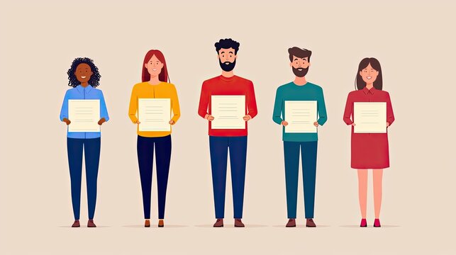 A diverse group of teachers standing proudly on a stage, each holding a certificate of recognition, surrounded by appreciative students, World Teachers Day, education, recognition
