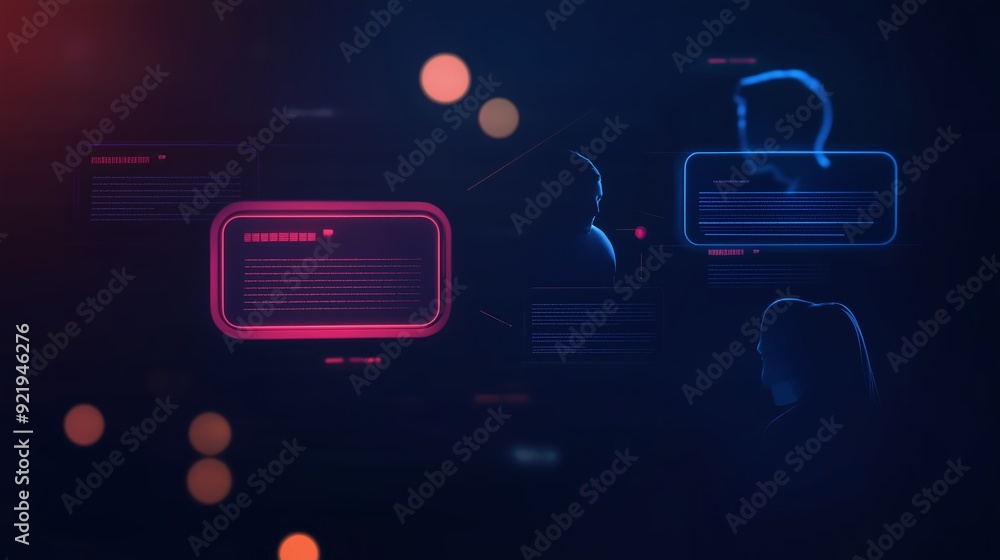 Aufkleber digital communication interfaces with glowing text boxes and silhouettes against a dark background