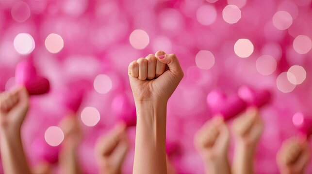 A dynamic auction scene with pink items up for bid, participants eagerly raising paddles to donate, Breast Cancer Month, awareness, fundraising