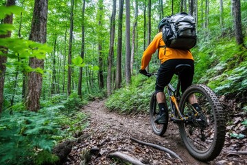 Fototapeta premium A solitary mountain biker ascends a lush forest trail, showcasing perseverance and a connection with nature. The rider is equipped for a challenging and scenic outdoor adventure.
