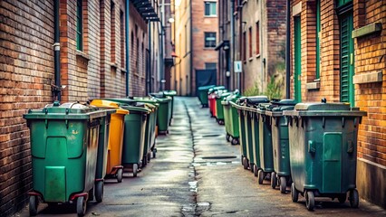 Wheelie bins lined up in a messy alleyway filled with garbage