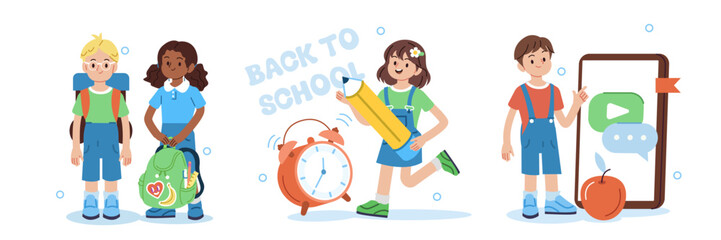 Education concept set. Collection of boys and girls characters. Kids preparing to school. Back to school concept. Vector illustration.