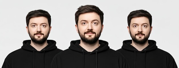 Obraz premium A full-body view of a male model in a black hoodie displaying a front and back perspective against a crisp white backdrop