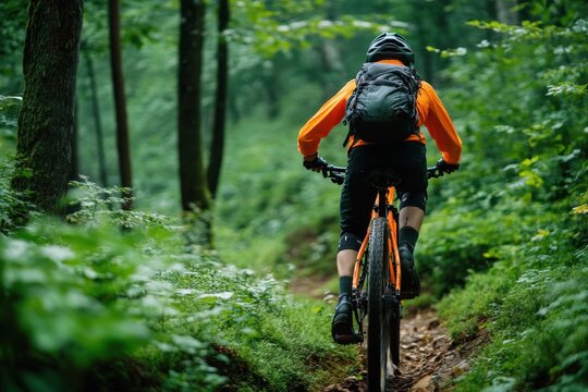 A cyclist wearing a bright orange jacket cycles through a narrow forest path surrounded by vibrant green foliage, symbolizing adventure, focus, and connection to nature.