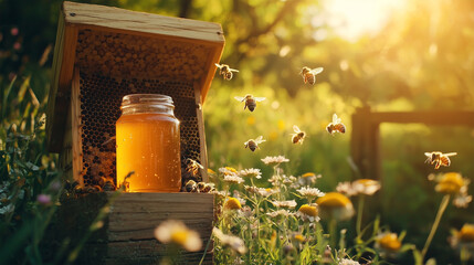 A serene, sunlit scene featuring a glass jar filled with golden honey, surrounded by blooming wildflowers.
