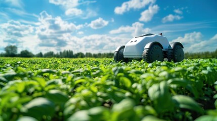An autonomous agricultural robot navigating through a green crop field under a blue sky with fluffy clouds, demonstrating modern precision farming technology.