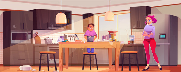 Angry mother scolding teen son for making mess in kitchen during cooking sweet dessert. Cartoon vector of cute funny teenager boy preparing food and stressed mom. Family in cuisine interior.